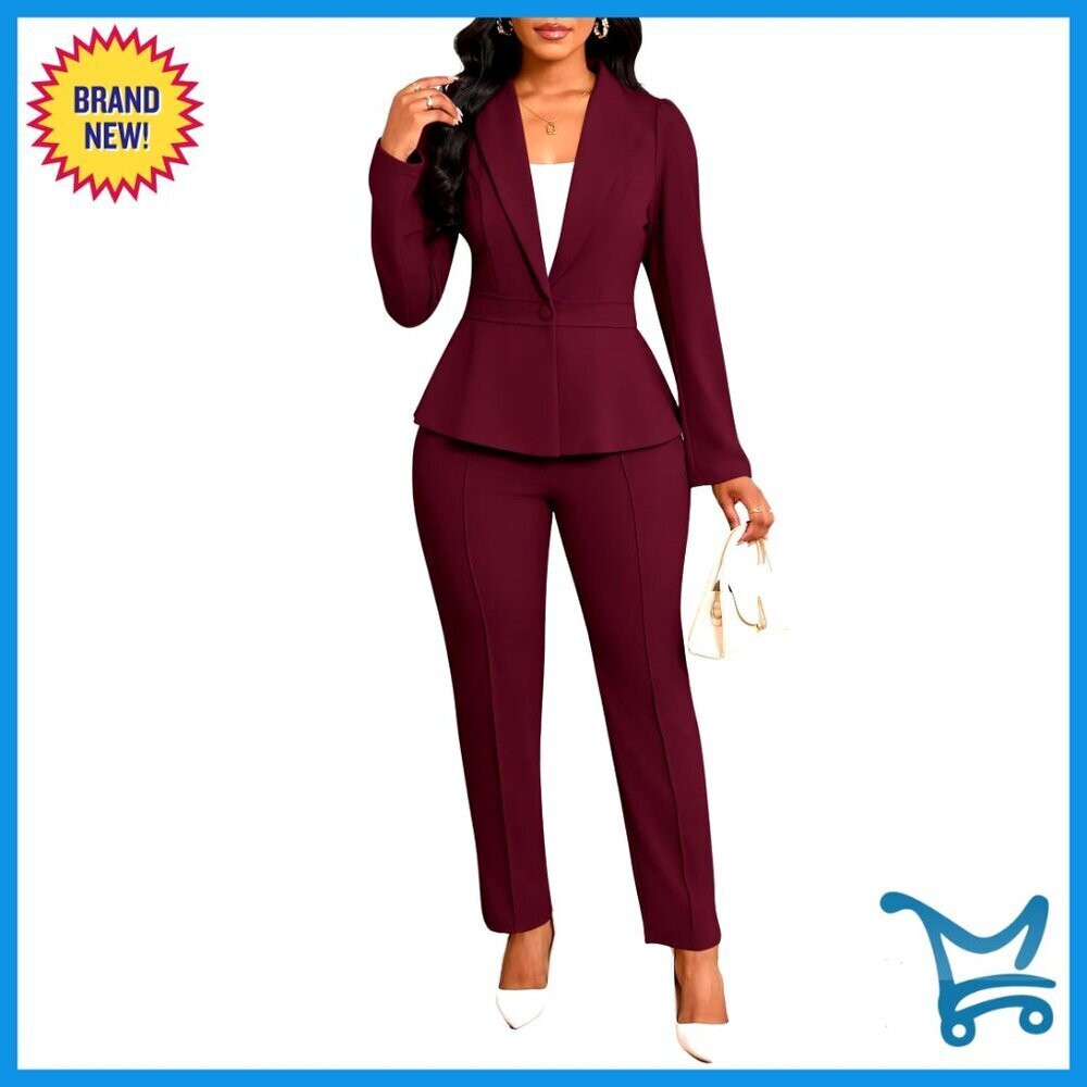Women's 2-Piece Business Casual Suit Set with Peplum Blazer & Pants
